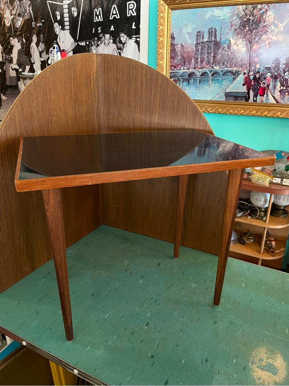 Vintage Mid-Century Black Top Wood Side Table